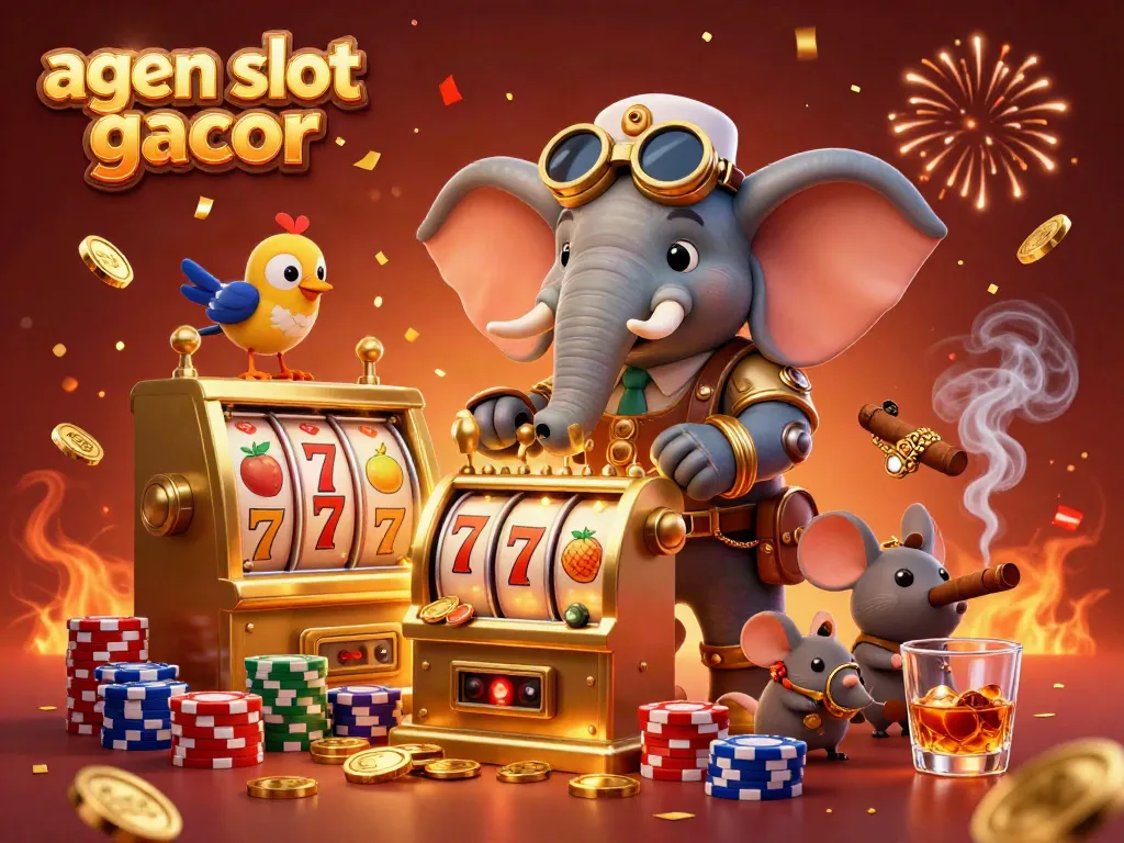 Engage in exciting action with agen slot gacor as the steampunk elephant spins the slot machine surrounded by poker elements.