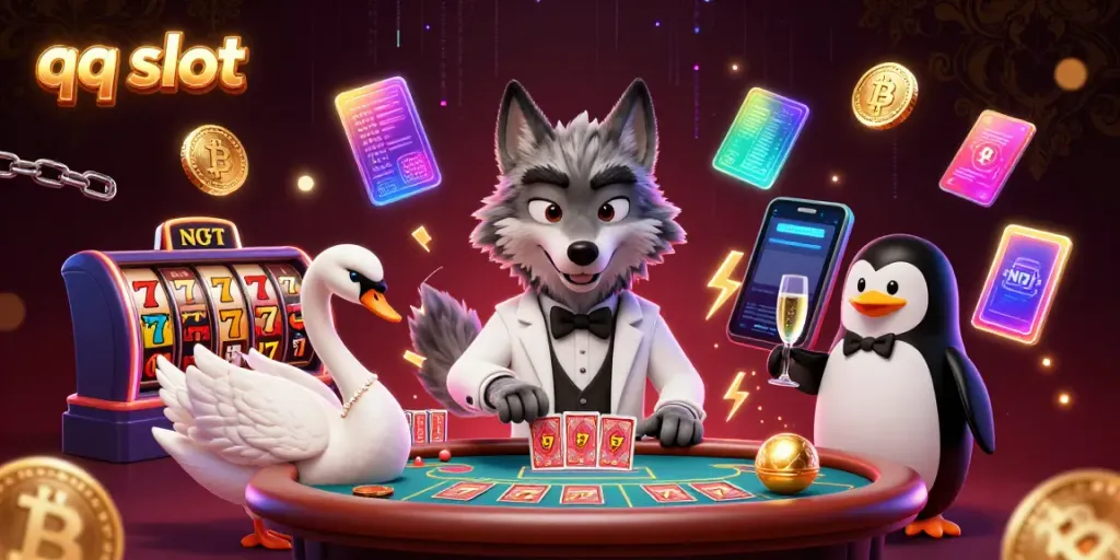 Engage with the vibrant world of qq slot with an illustration of a wolf, swan, and penguin at a baccarat table.
