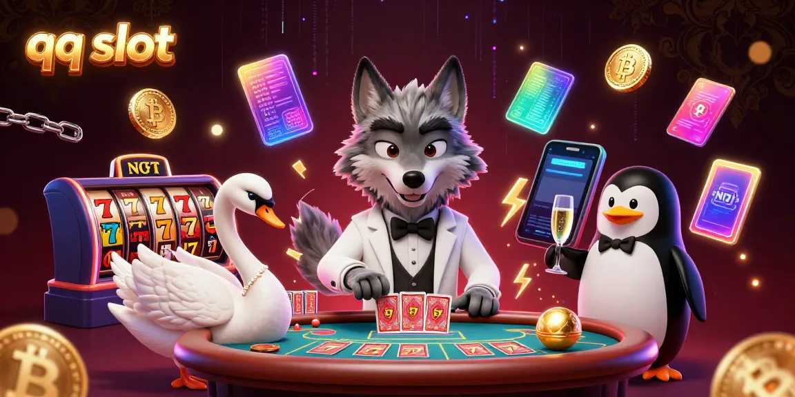 Engage with the vibrant world of qq slot with an illustration of a wolf, swan, and penguin at a baccarat table.