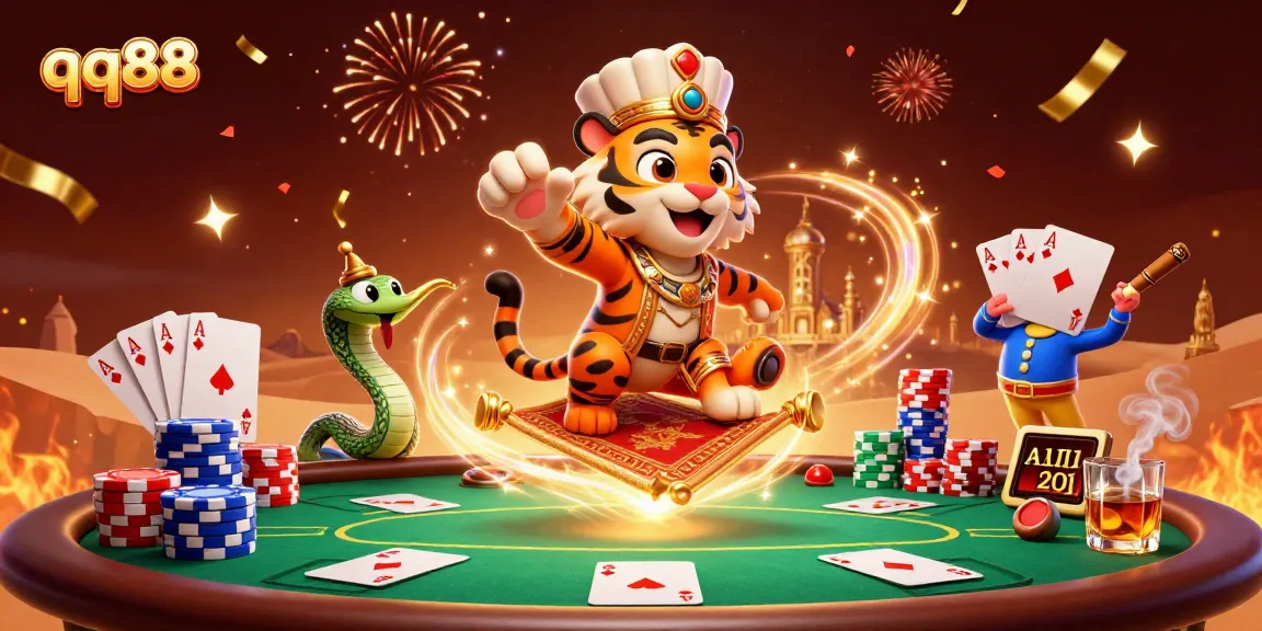 Join the excitement at qq88 with an energetic casino scene featuring a sultan, genie, and poker elements.