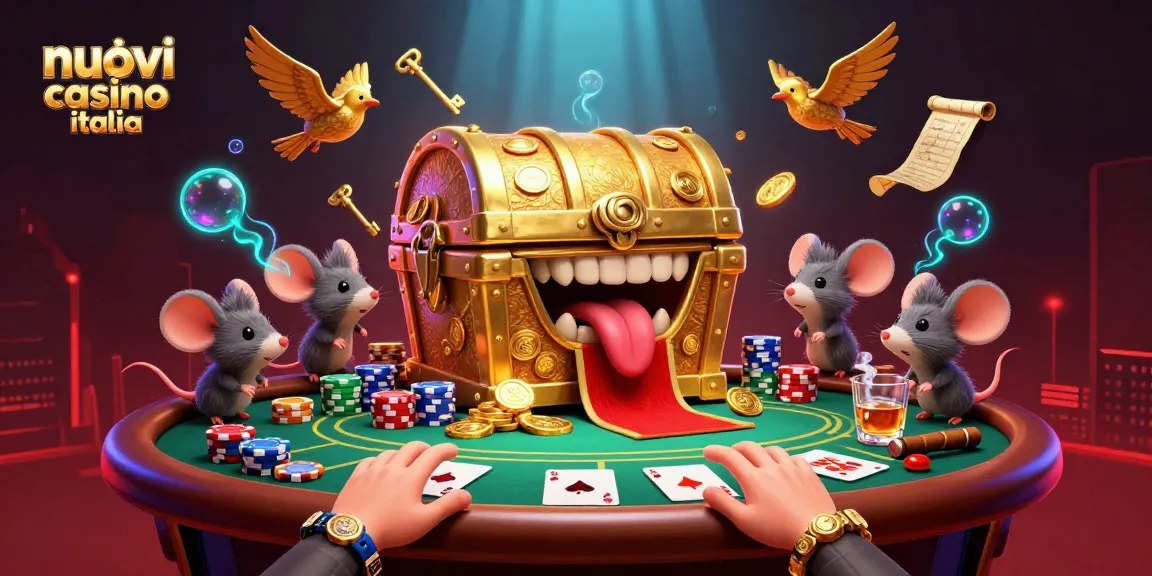 Illustrazione di un tesoro di nuovi casino italia, con topi avventurieri attirati dalla ricchezza.