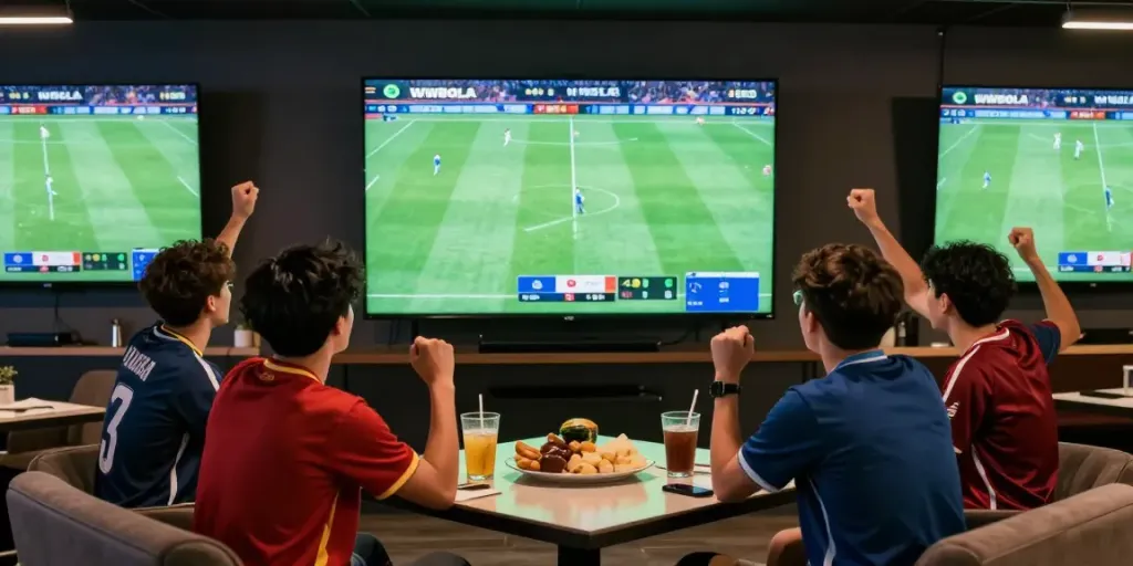 WWBOLA sports lounge scene with friends enjoying soccer betting.