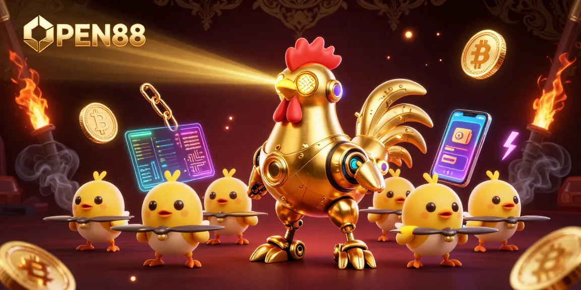 Engage with the thrilling gameplay at OPEN88 with a vibrant scene of a futuristic golden rooster robot.