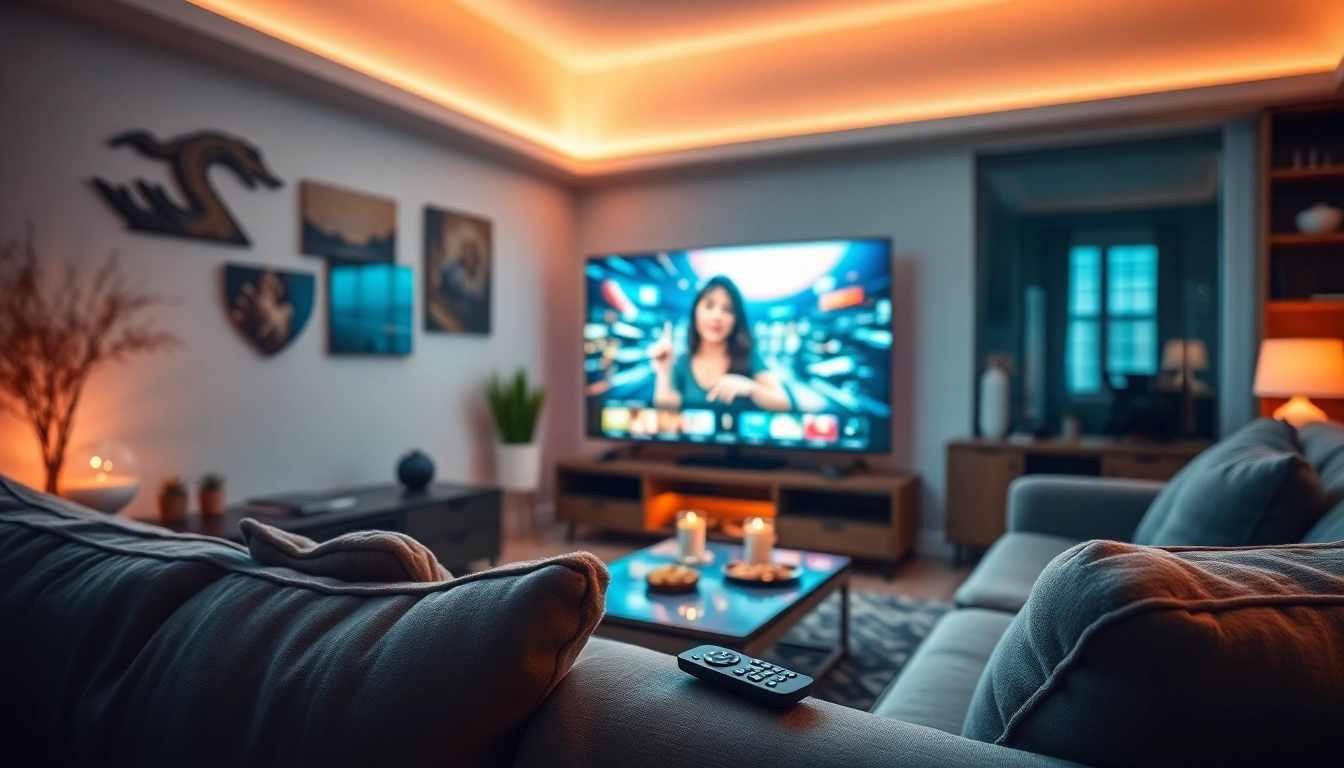 Experience a seamless free iptv trial in a cozy living room setup with dynamic streaming visuals.
