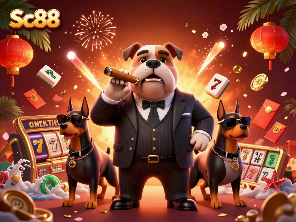 Enjoy thrilling gameplay at Sc88 with a vibrant casino scene featuring a mafia bulldog and bodyguard Dobermans.