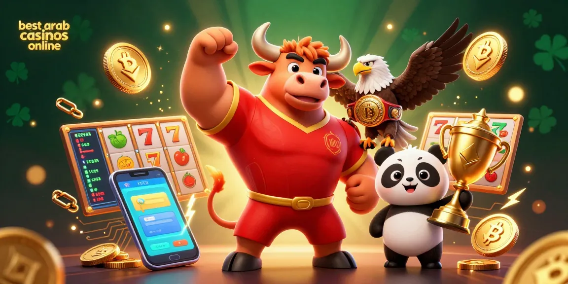 Experience the excitement of the best arab casinos online with a vibrant 3D illustration showcasing a bull mascot, eagle, and panda amid crypto coins and slot elements.