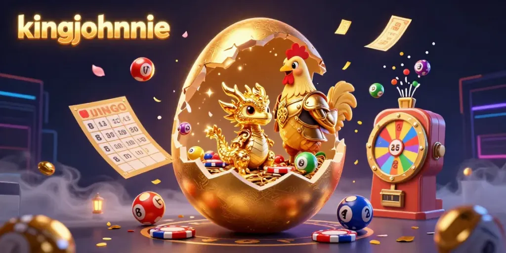 Experience kingjohnnie's electrifying casino ambiance with a golden dragon and vibrant gaming elements.