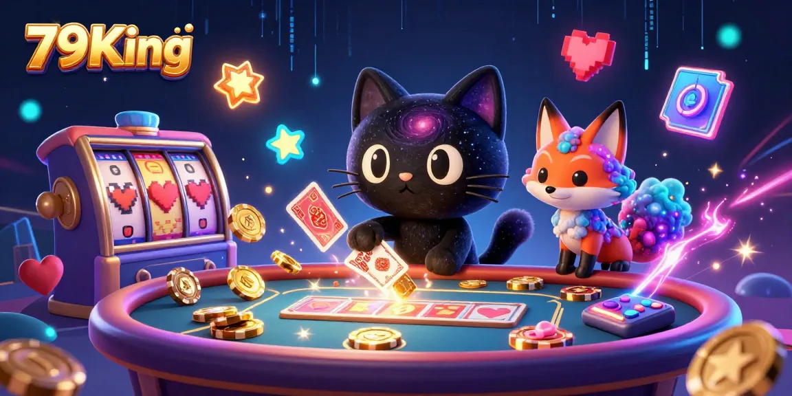 Engage in thrilling gaming experiences with 79King's vibrant cosmic casino illustration showcasing slots and neon elements.