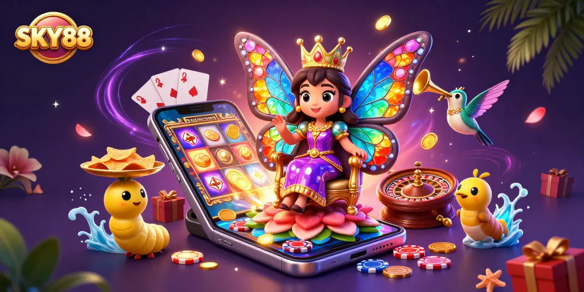 Experience the vibrant SKY88 gaming scene with a butterfly queen and casino elements.