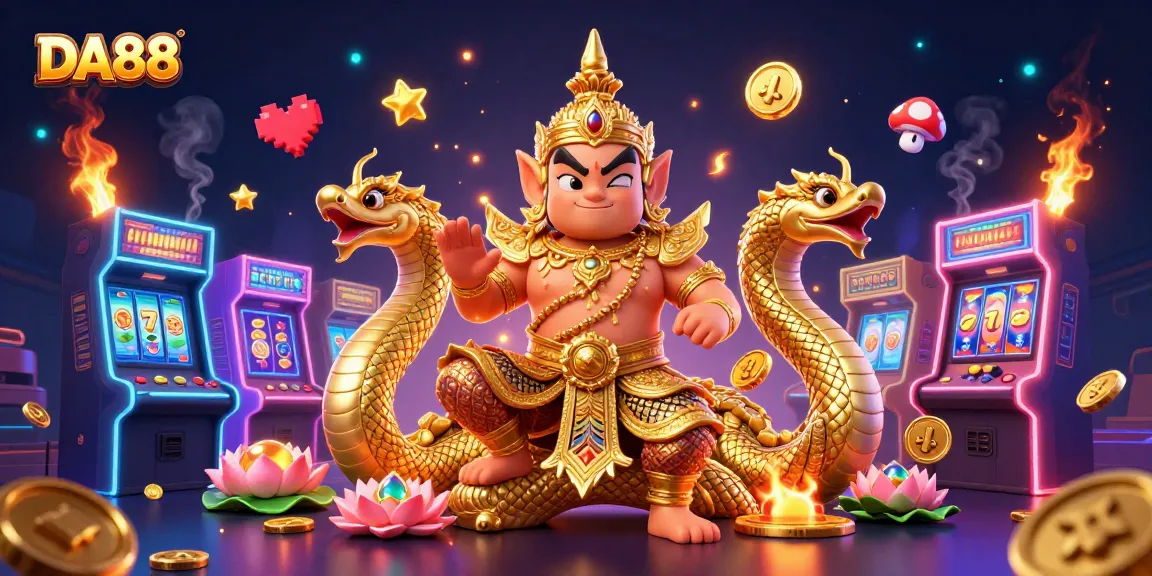 Experience the excitement of DA88 with vibrant slot machines and a guardian embracing fun.