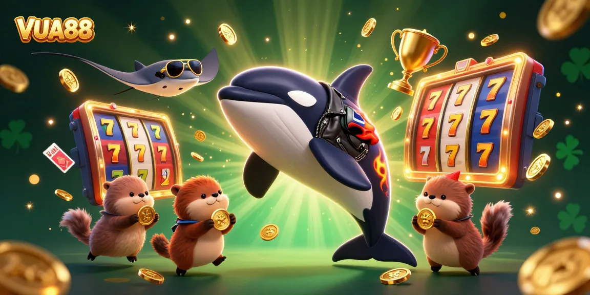 Experience the excitement of VUA88 with animated characters enjoying slots and jackpots in a vibrant casino scene.