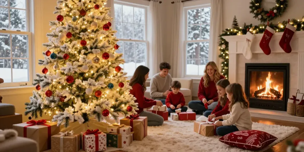 Family enjoying holiday festivities around a white artificial Christmas tree, creating a warm inviting atmosphere.