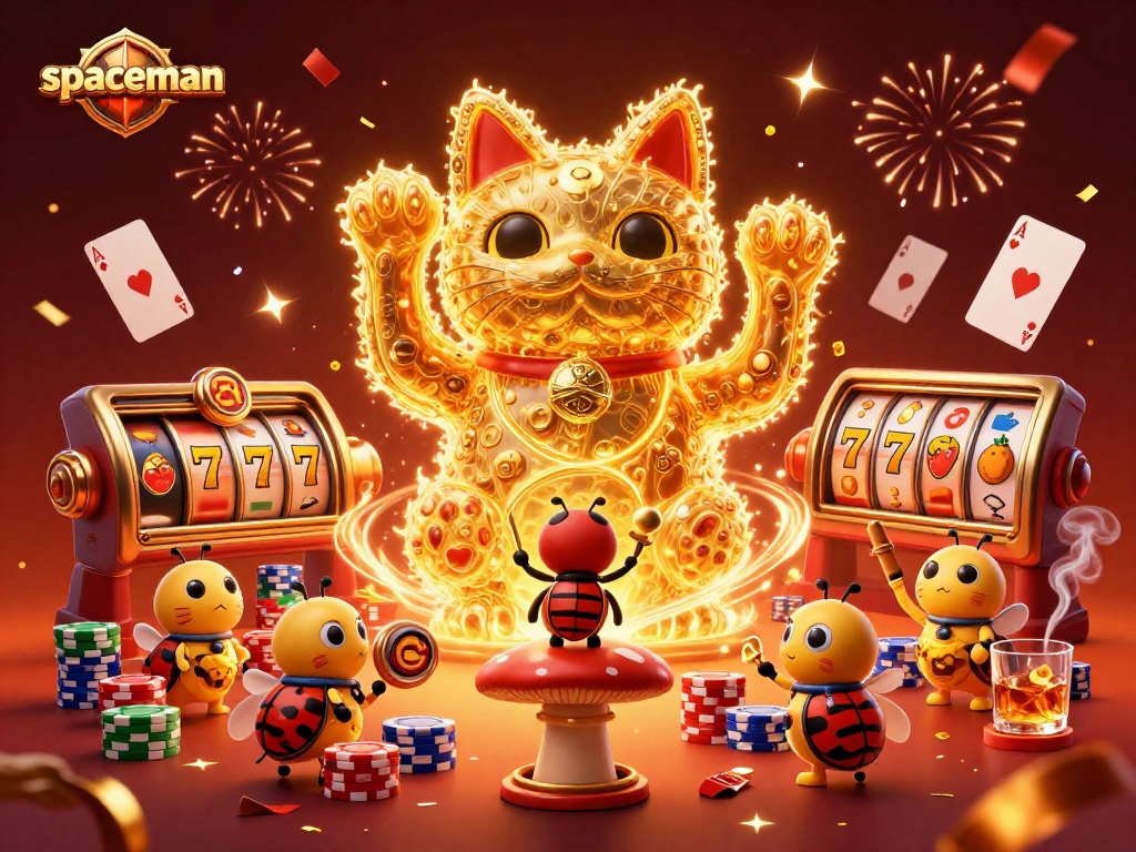 Engage with the spaceman slot game, featuring vibrant casino symbols and dynamic lucky cat visuals.