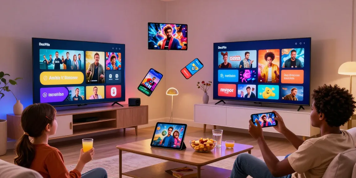 Family enjoying diverse entertainment options with DezPila streaming services in a cozy living room.