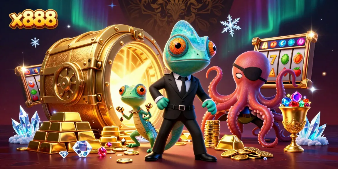 x888 showcases a vibrant casino scene with luck and treasure alongside a charming chameleon, clever gecko, and a sneaky octopus.