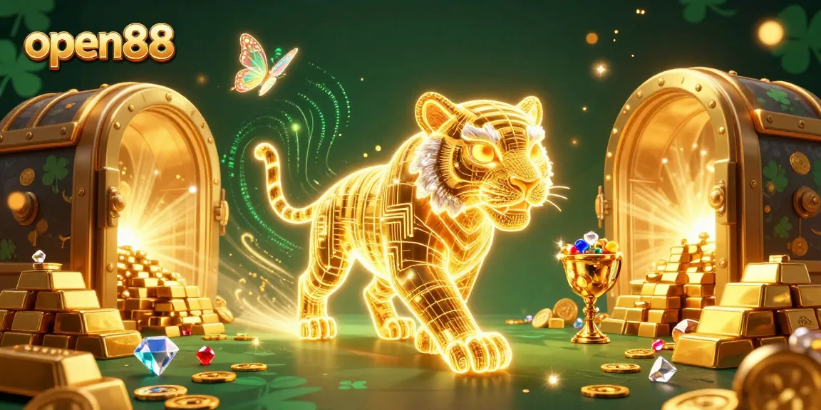 Experience the thrill of open88 with a dazzling neon tiger and golden treasures in a vibrant casino.