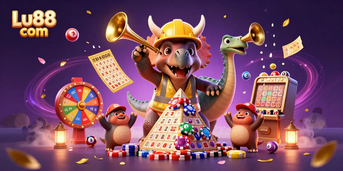 Win big with Lu88 com as a triceratops builds poker chip pyramids in a festive casino scene.