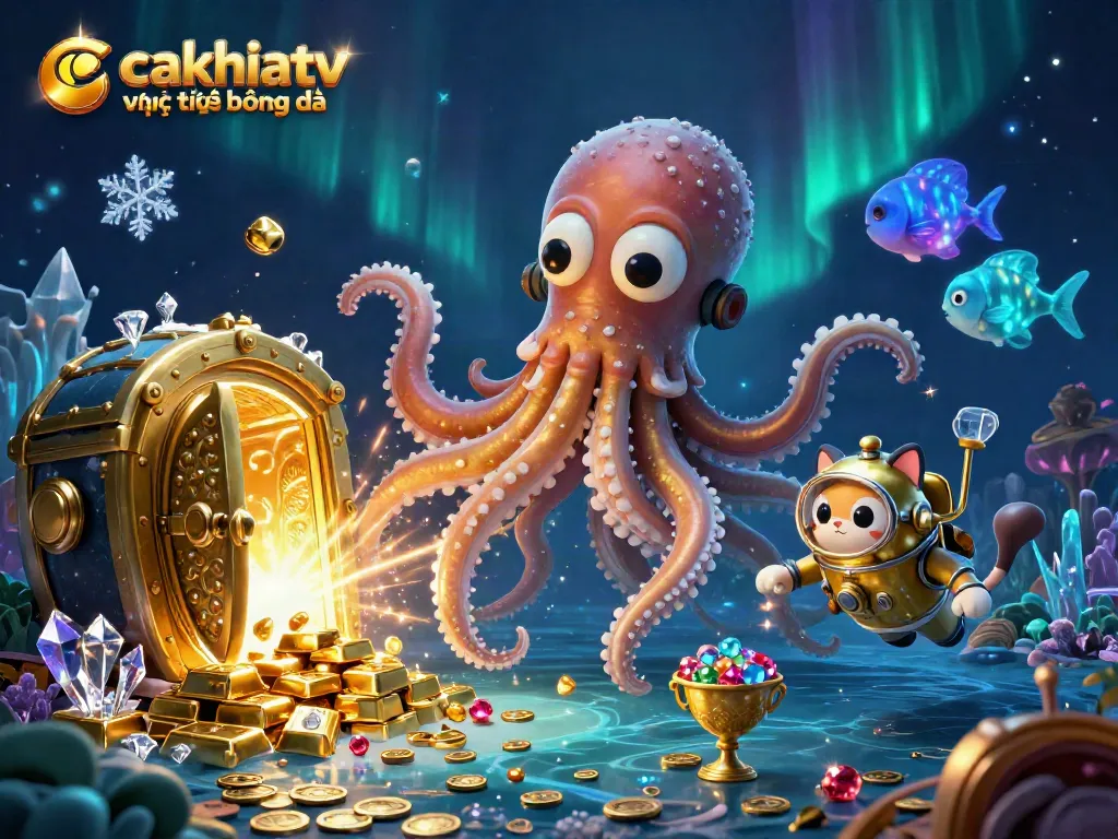 Cakhiatv trực tiếp bóng đá scene showing a kraken and diving cat among treasures in a vibrant ocean setting.