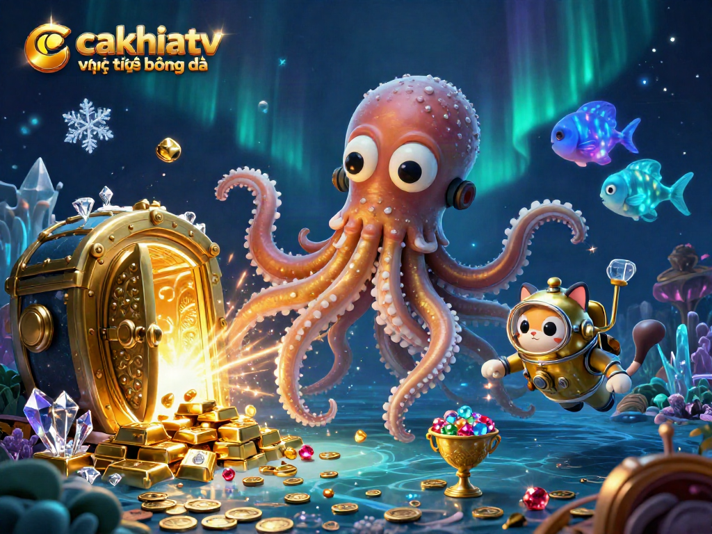 Cakhiatv trực tiếp bóng đá scene showing a kraken and diving cat among treasures in a vibrant ocean setting.