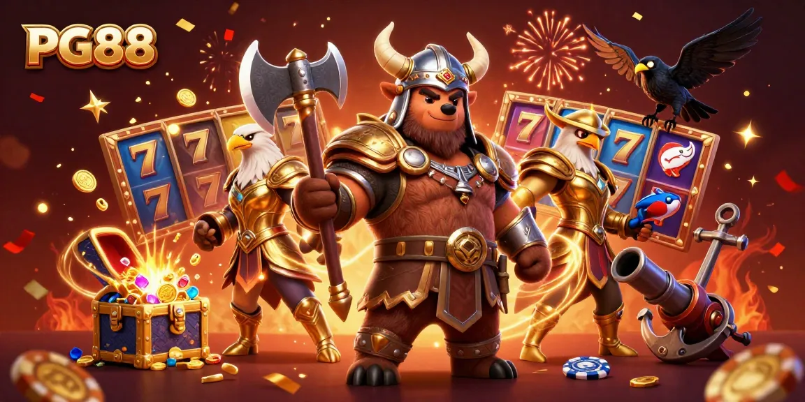 Experience thrilling gaming at PG88 with Viking and eagle characters amidst vibrant casino elements.