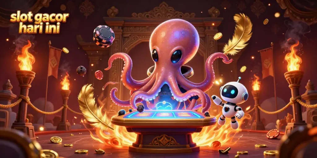 Experience the excitement of slot gacor hari ini with a whimsical alien octopus on a holographic slot machine.