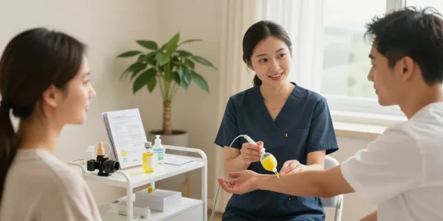 Client receiving a lemon bottle peptide injection in a calming wellness clinic setting, showcasing the professional atmosphere.