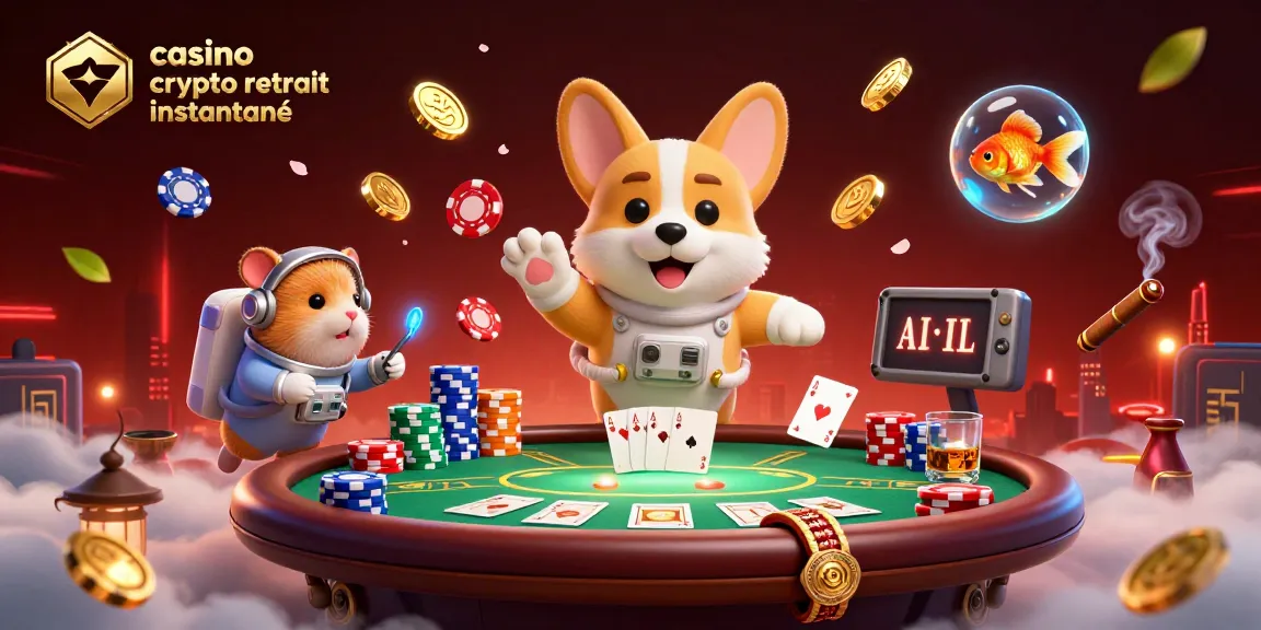 Jouer sur un casino crypto retrait instantané avec un corgi astronaute flottant et des jetons de poker.