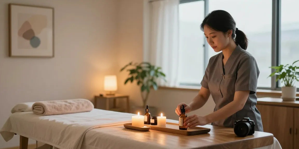 부천출장안마 in a serene massage therapy room with calming atmosphere and expert preparing relaxation treatments.