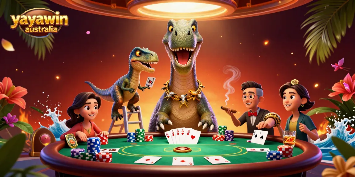 Experience the fun of yayawin australia with a dinosaur-themed poker game illustration.