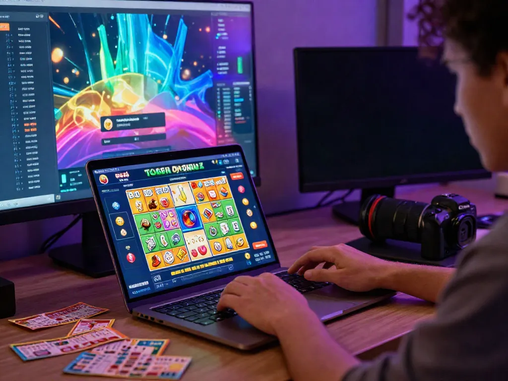 A person engaging with a togel online gaming interface on a modern laptop, showcasing vibrant game symbols and winning tickets.