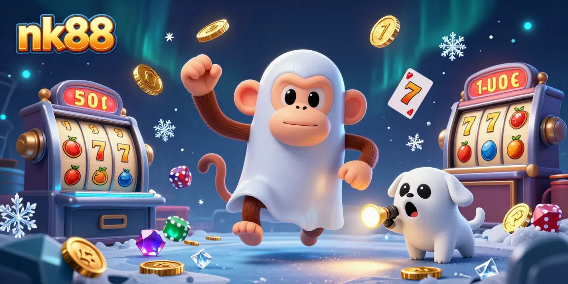 Watch the nk88 poltergeist monkey juggle golden casino treasures amidst a haunted slot machine backdrop.