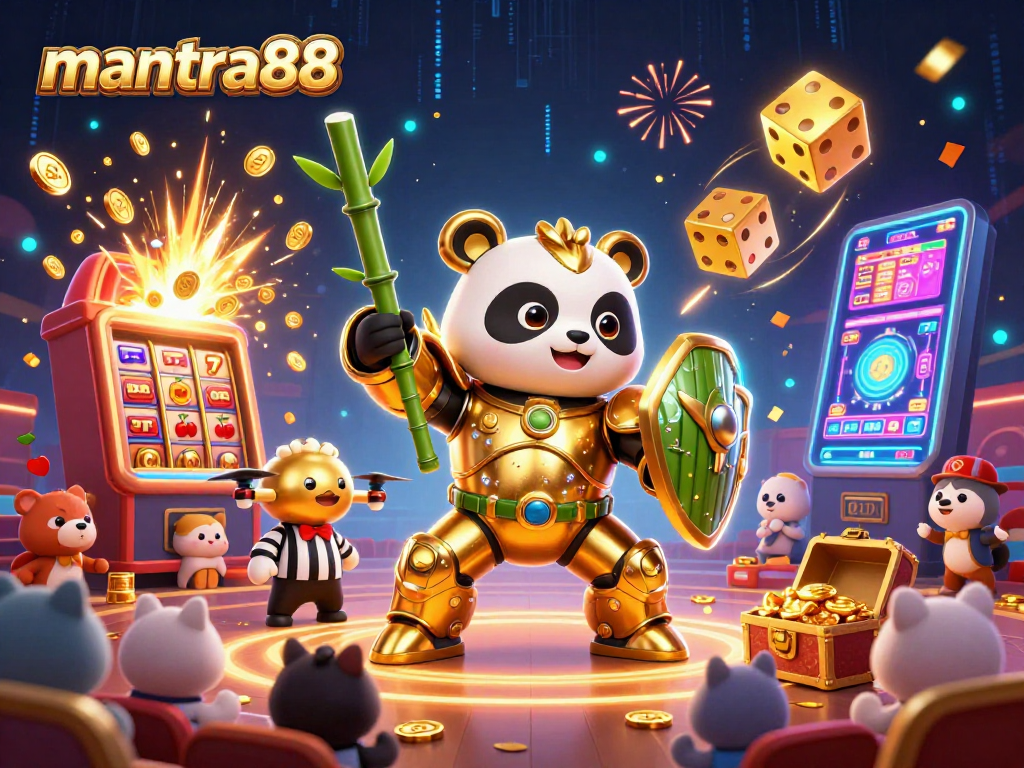 Engage with mantra88's thrilling jackpot scene featuring a golden panda in an electrifying casino atmosphere.