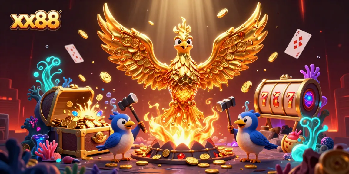 Experience thrilling games at xx88 with a stunning 3D golden phoenix and dynamic casino elements.