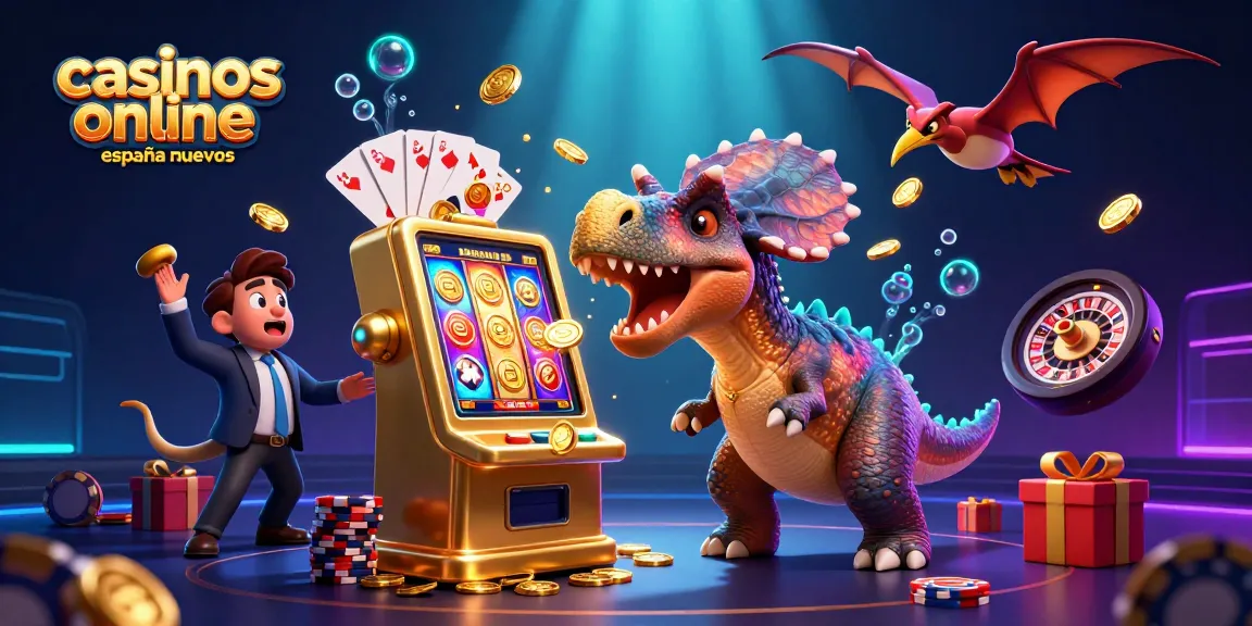 Disfruta en casinos online españa nuevos con una divertida ilustración 3D de dinosaurios y máquinas tragamonedas.