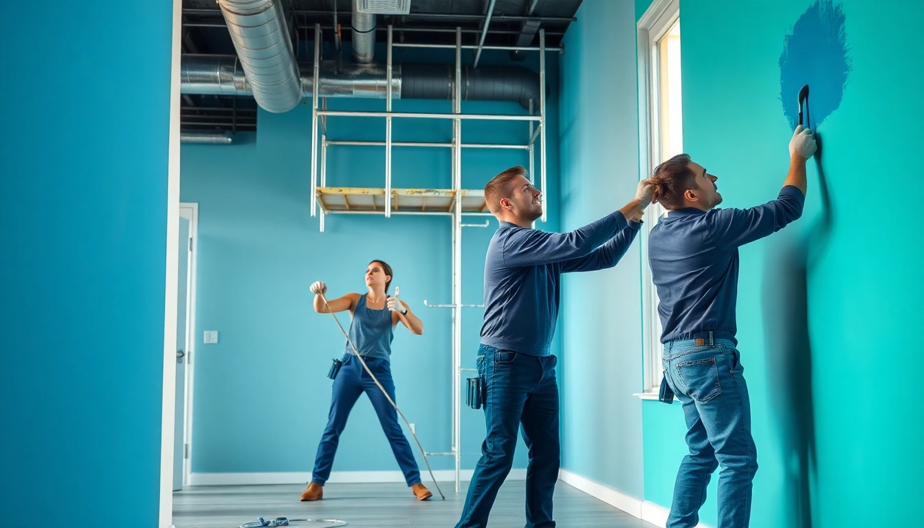 Painting commercial team expertly transforming an office space with vibrant colors.