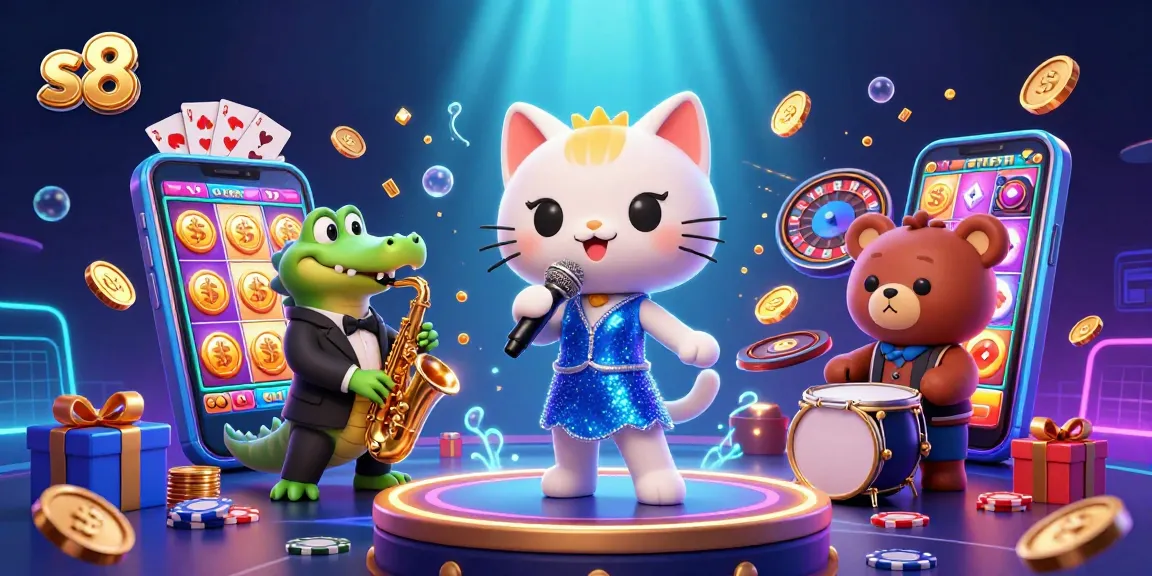 S8 players enjoy vibrant casino fun with a singing cat, saxophone croc, and drumming bear.