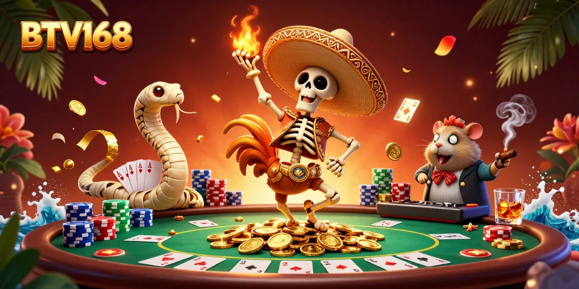 Enjoy thrilling poker action with BTV168's vibrant casino scene featuring unique characters!