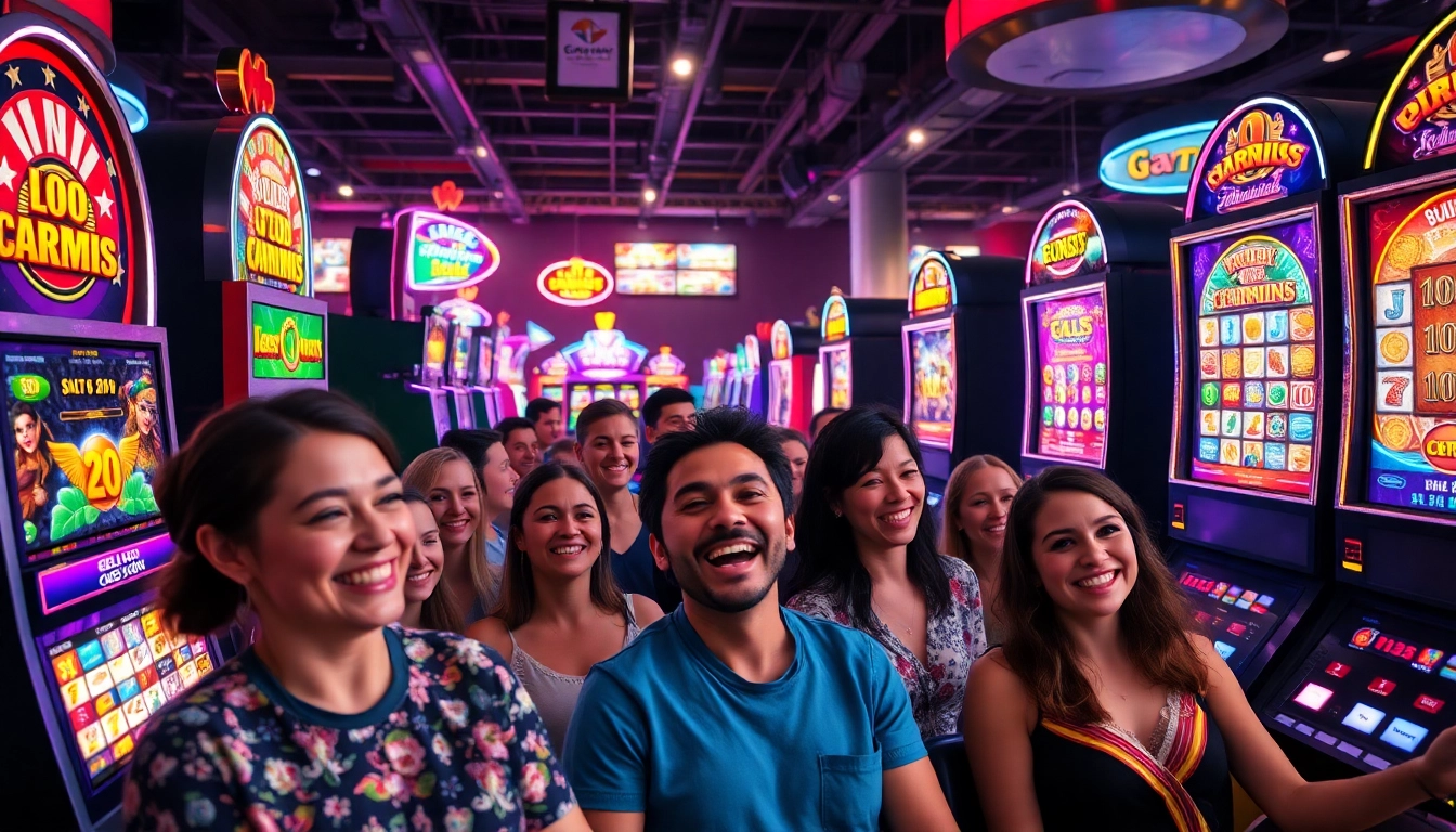 Engaging scene of players enjoying various slot gambling machines in a lively casino ambiance.