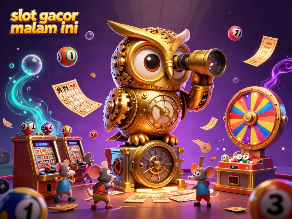 Gambar interaktif tentang slot gacor malam ini dengan burung hantu berjam dan tikus pengunjung bermain mesin slot.