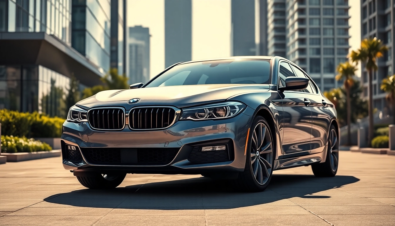 Admire the Luxury BMW car, a sleek vehicle set against a modern urban backdrop, exuding elegance and style.