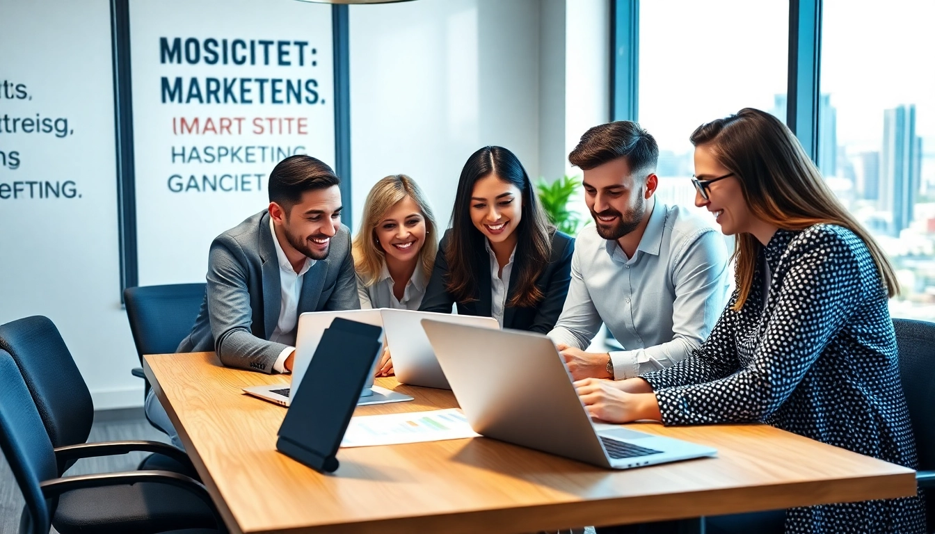 Engaged professionals discussing Growth Marketing Services Melaka in a modern office.
