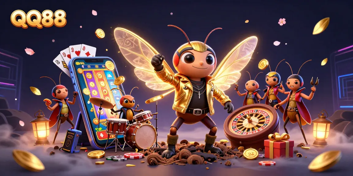 Experience thrilling action at QQ88 with vibrant casino elements and exciting characters in a unique 3D illustration.