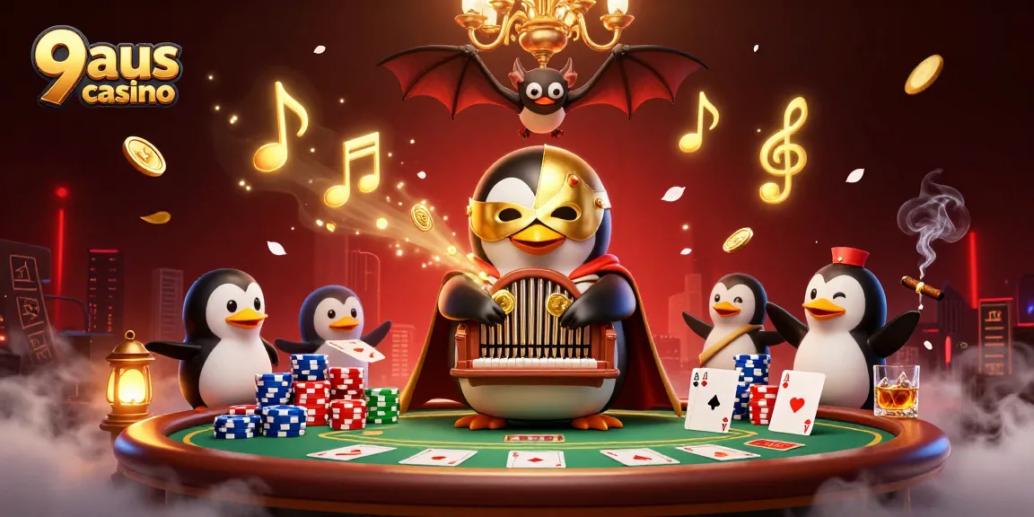 Experience the magic of 9aus casino with a whimsical 3D penguin in a vibrant gaming scene.