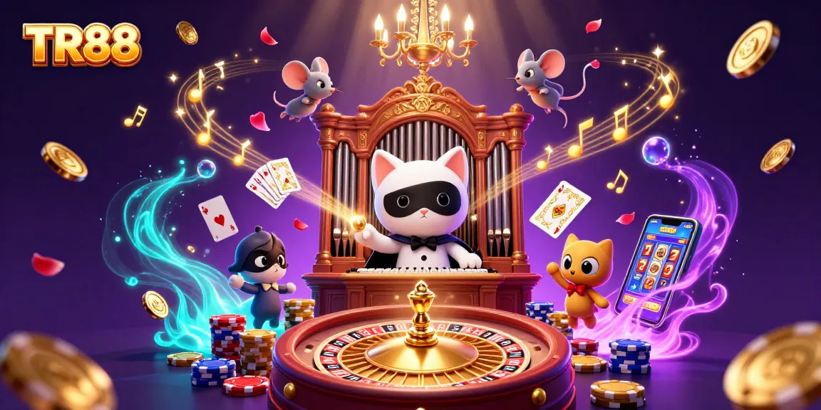 Engage with TR88 gameplay featuring a phantom cat at a casino, overflowing with coins and festive elements.