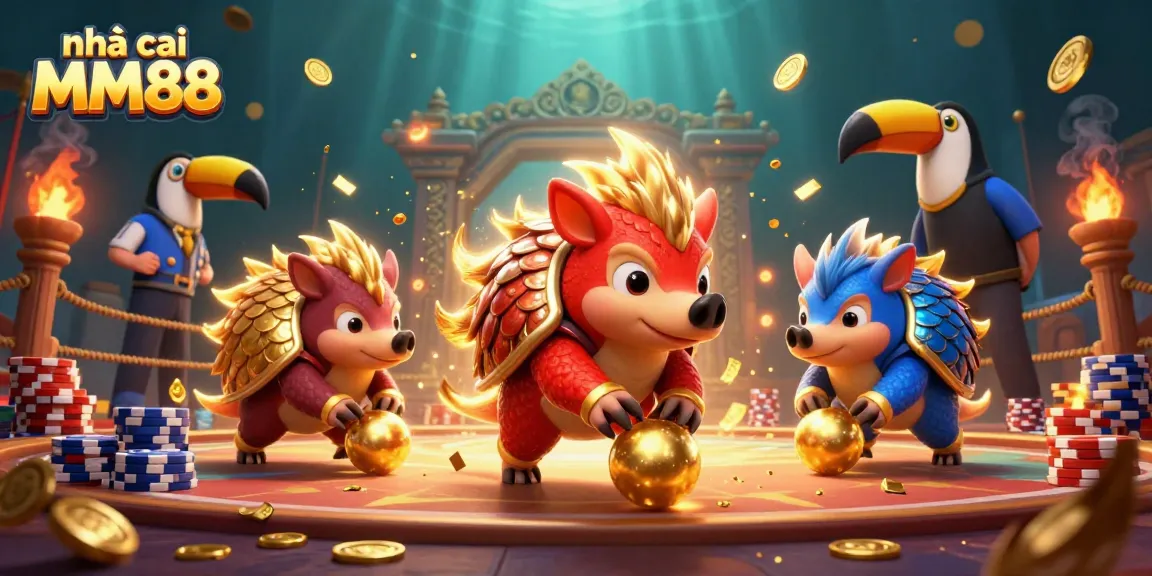 nhà cái MM88 showcases rival pangolins competing in a dynamic casino scene with vibrant gambling elements