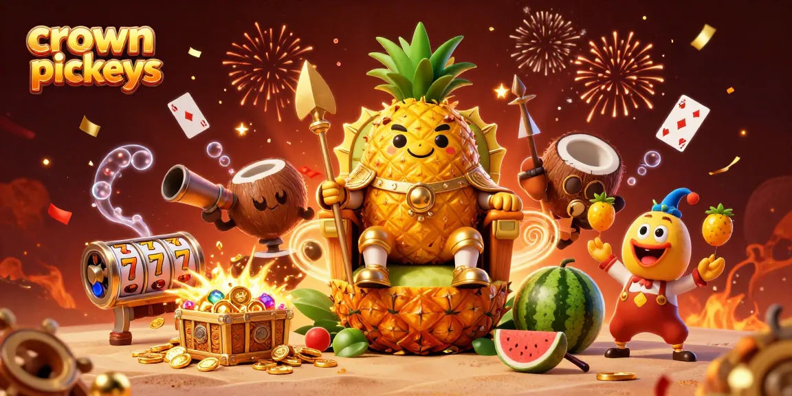 Experience crown pokies excitement with golden king, cheerful jester, and spinning slot reels.