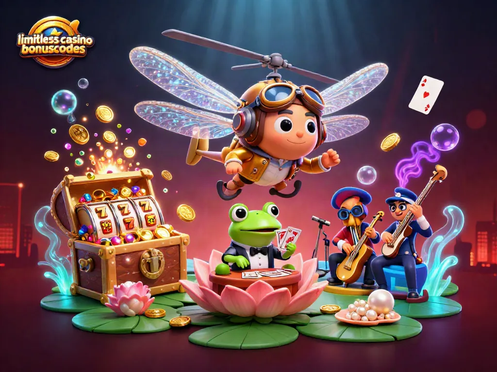 Join the fun with limitlesscasinobonuscodes in a vibrant 3D casino scene starring a dragonfly pilot and frog dealer.