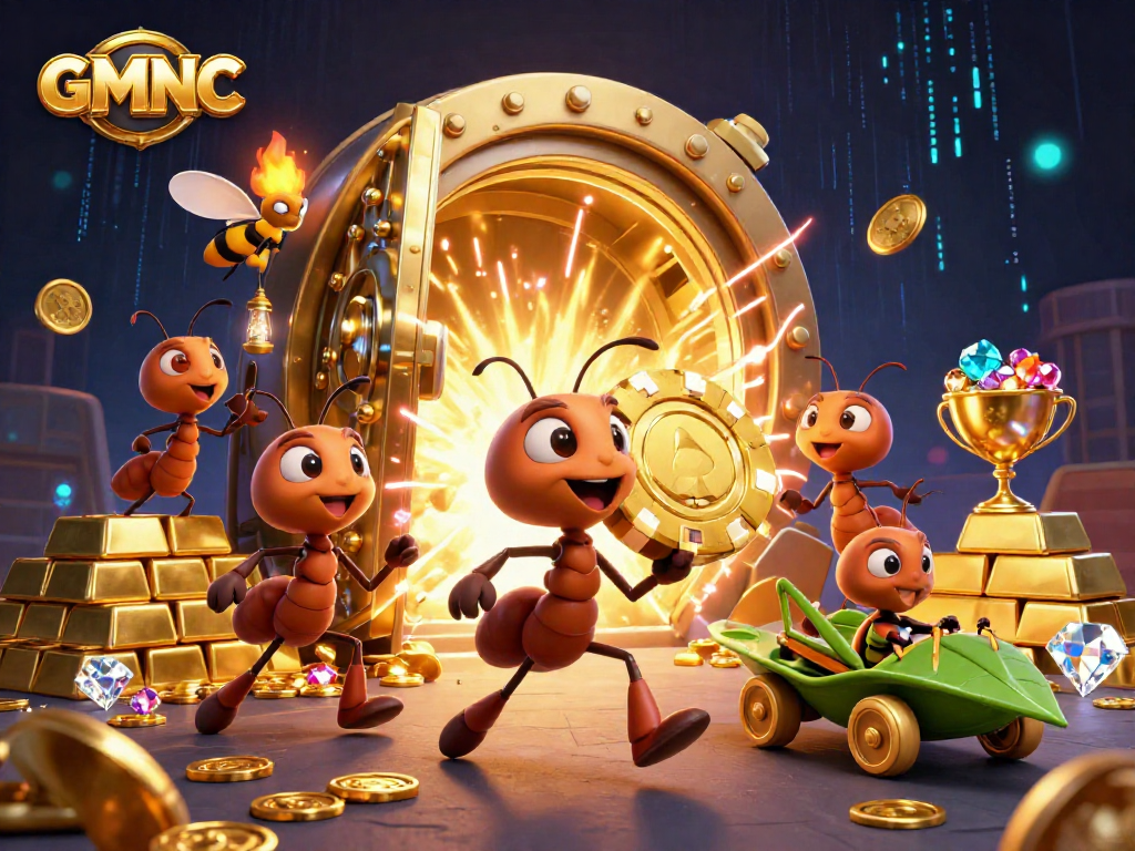 GMNC ants heisting a giant golden poker chip amidst treasure in dynamic casino scene