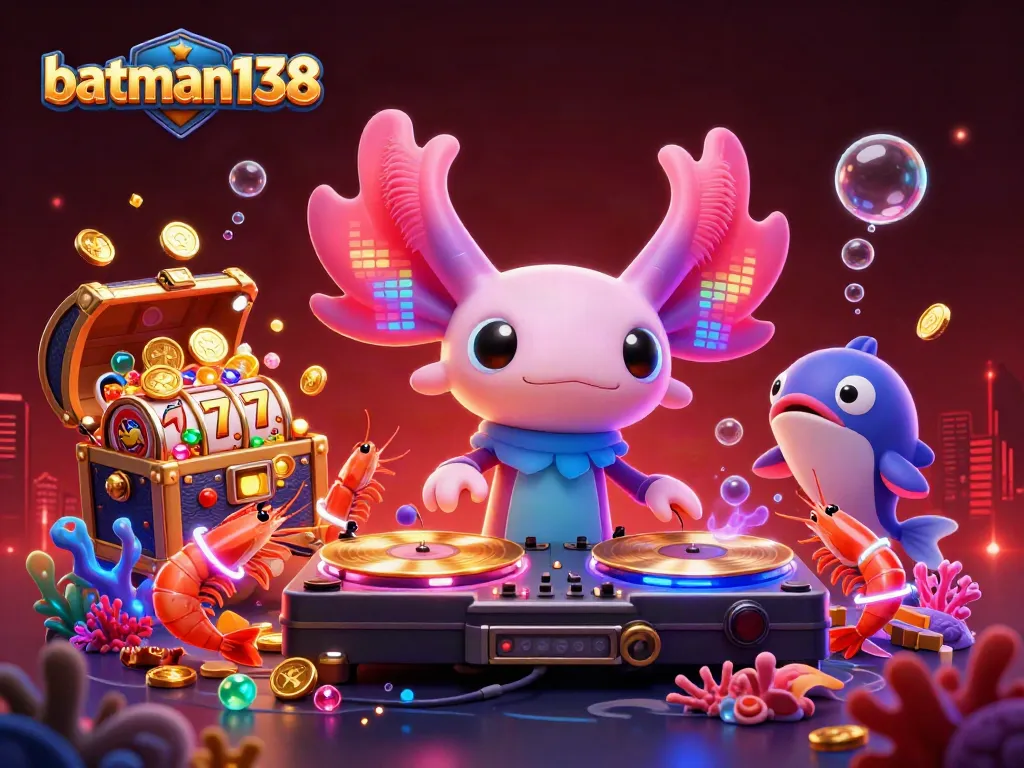 Engage with batman138's thrilling underwater casino vibes featuring a neon axolotl DJ and vibrant visuals.