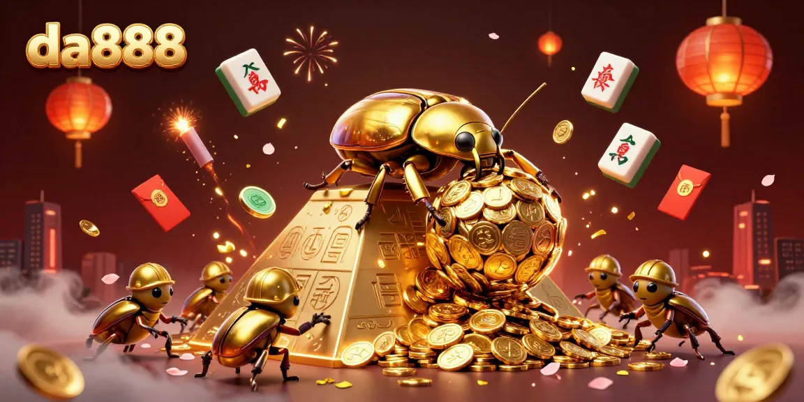 Experience the da888 gaming adventure with cartoon beetles and glowing casino symbols.